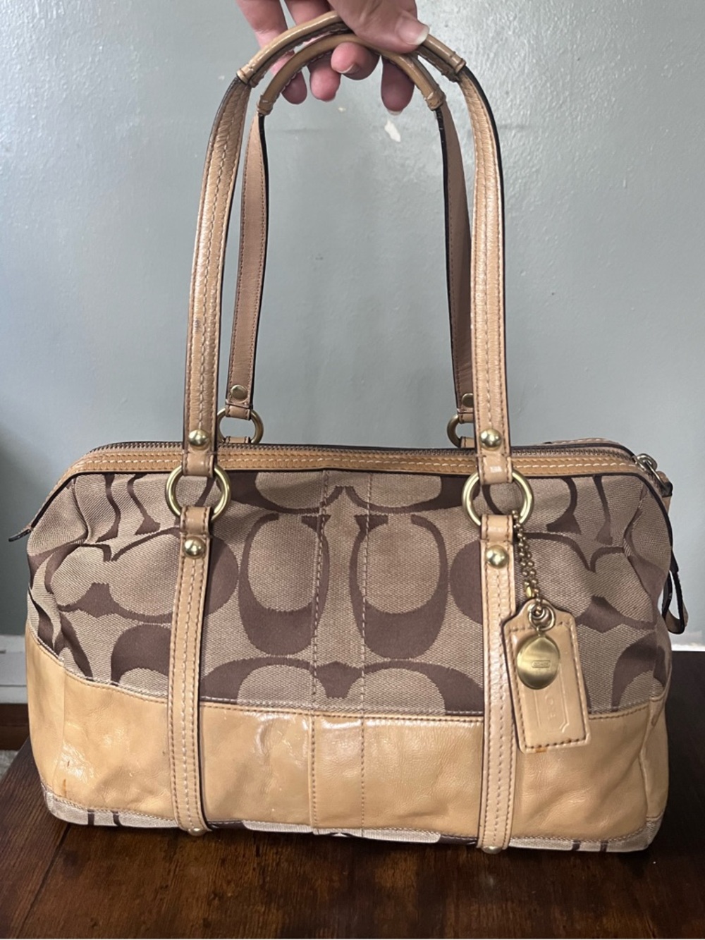 Coach Beige and Brown Signature Canvas Satchel